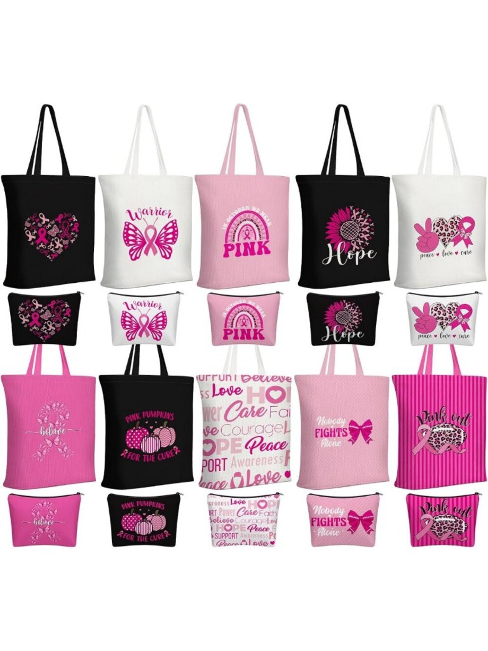 20 Pcs Breast Cancer Awareness Tote & Makeup Pouch Set - Perfect Gifts for